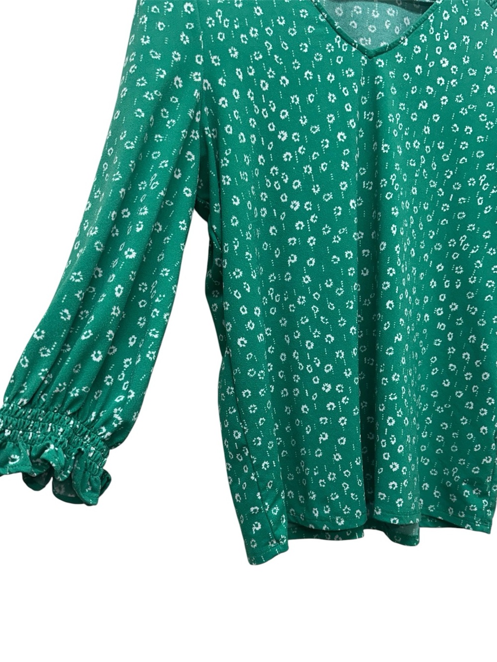 Adrianna Papell Womens Ditsy Floral Blouse Green White Boho Cottage Smocked Sz L - Picture 3 of 9